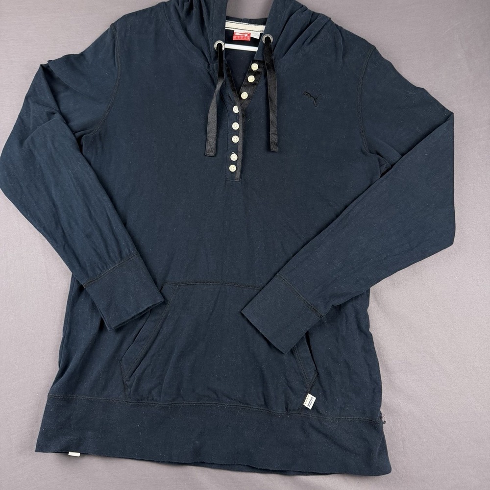 PUMA sportlifestyle Woman's XL Black Hooded Button Pullover Knit Cotton Hoodie